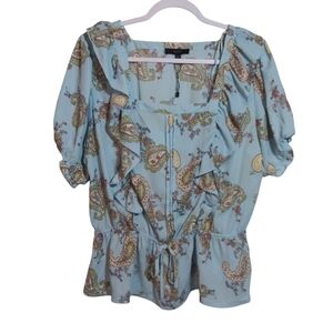 Eclair Sky Blue Paisley Print Ruffle Women's Boho Top Lightweight Size XL